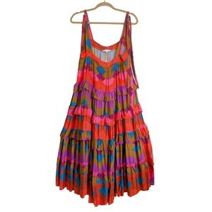 Luna B Boho Resortwear Colorful Retro Print Tie Strap Ruffle Midi Dress